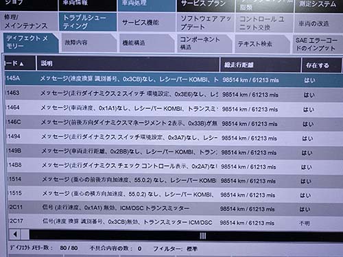 専用診断機でエラーチェックしますと多数のエラーが記録