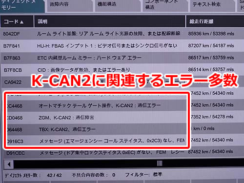 K-CAN2に関連するエラーが多数記録