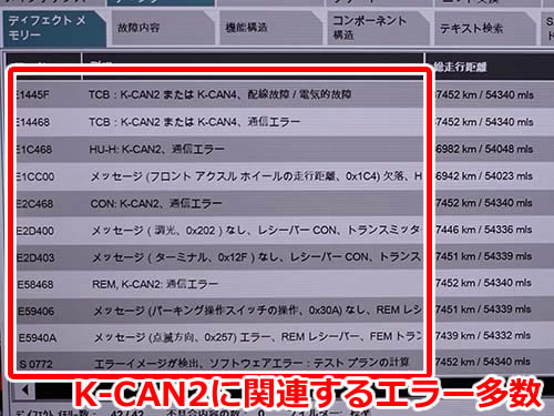 K-CAN2に関連するエラーが多数記録