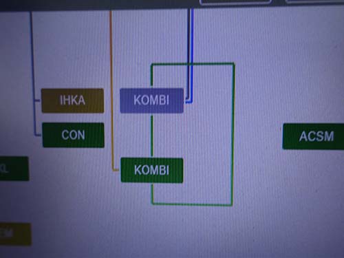 診断機の画面、HU-Hが見つからずKOMBIが表示されている