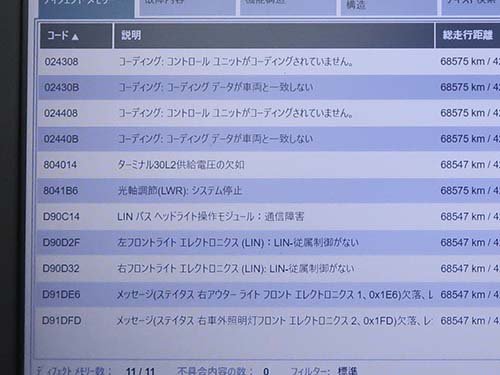 ISTA上にはライト関連エラーが多数