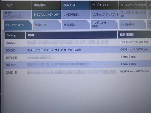 右スプリットドア側テールライトアウトプットの故障履歴が記録