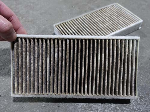取り外した純正エアコンフィルターには、カビ・ホコリが大量に付着