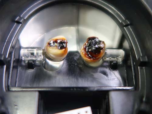 デイライトの導光体が、デイライトのLEDの発熱によって茶色く焼損してしまっている